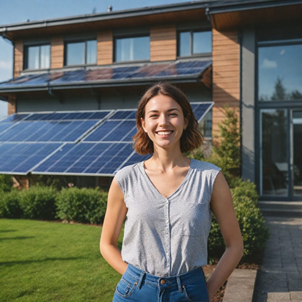 woman standing in front of a modern home with solar panels